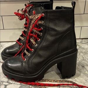 Black Lace-Up Platform Ankle Boots with Red & Leopard Laces 11m